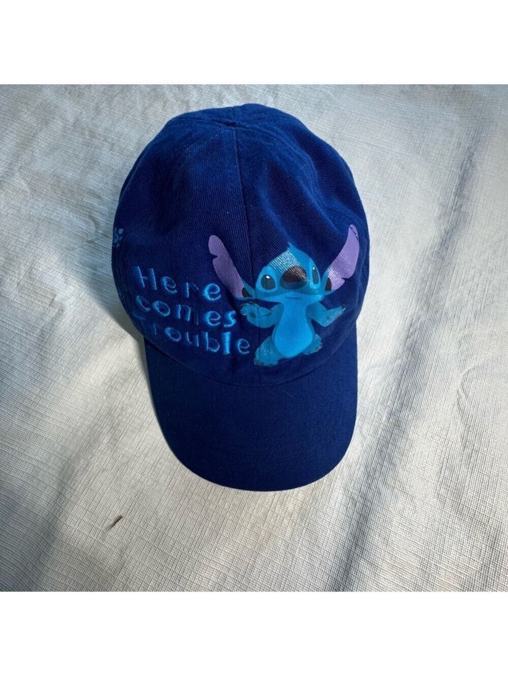 Here Comes Trouble Stitch Cap Hat Toddler Adjustable Blue 100% Cotton Disney